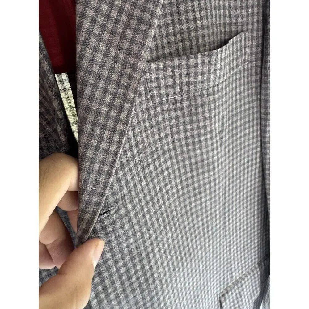 Brunello Cucinelli Linen Wool Silk Gingham Plaid Check Blazer Jacket 52/42 Gray